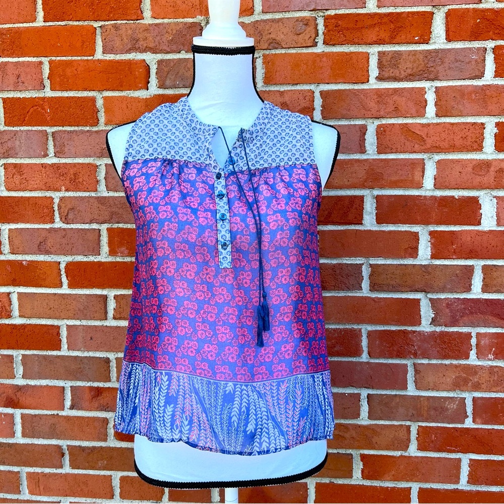 Lorimer NYC Semi Sheer Floral Print Sleeveless Boho Top With Tassels Womens XS